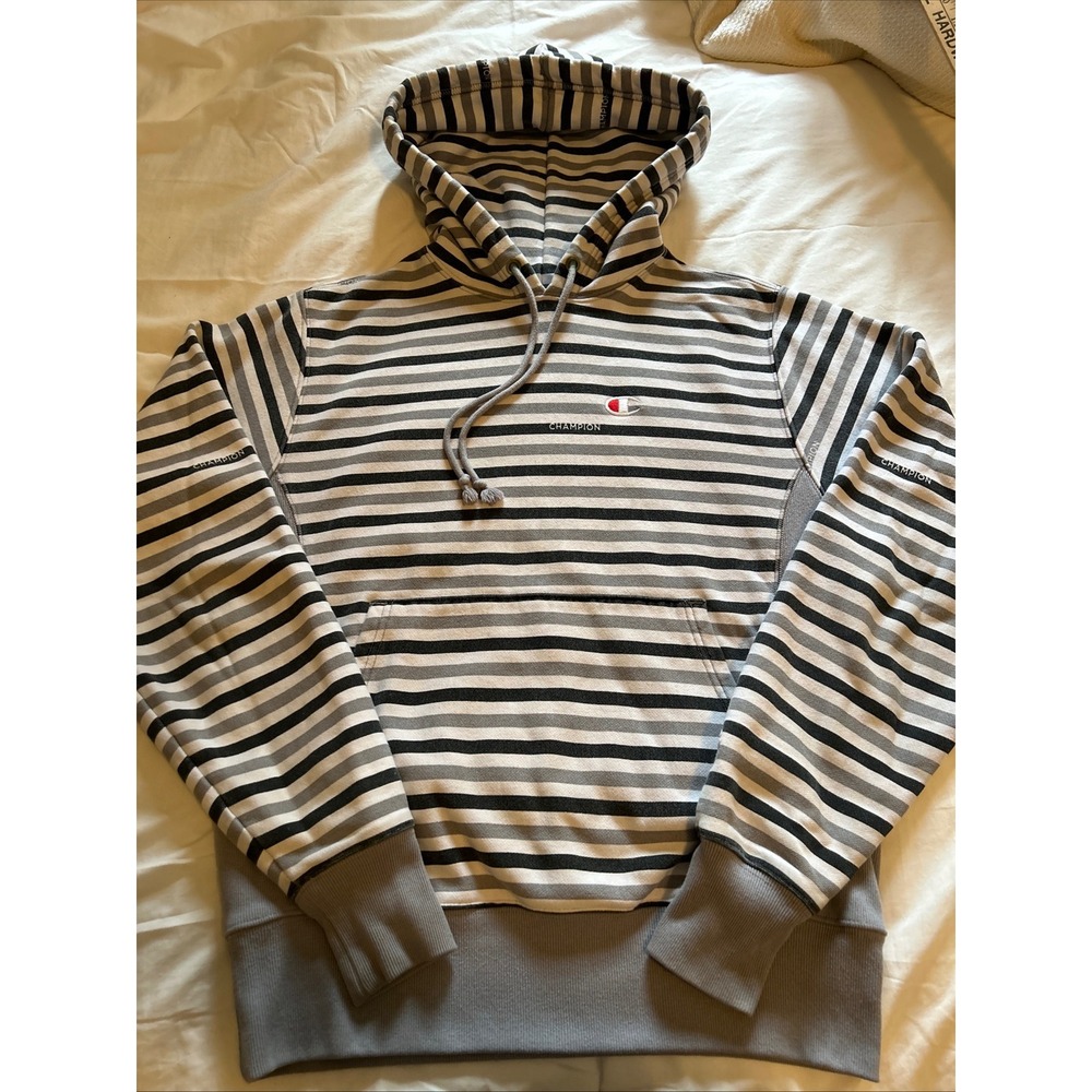 Champion Reverse Weave Striped Hoodie Pullover Mens Small Gray Black White